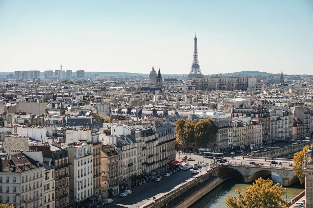 Cityscape view of Paris, France, with the Eiffel Tower in the background