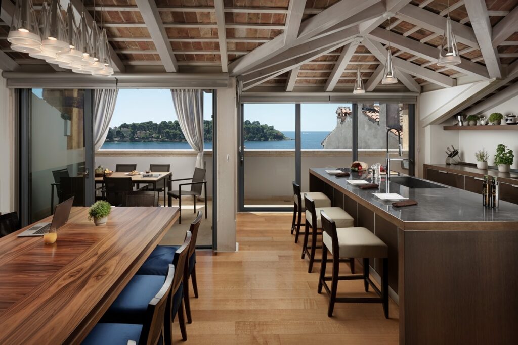 Gourmet kitchen with stunning sea views at The Gleam of the Sea villa