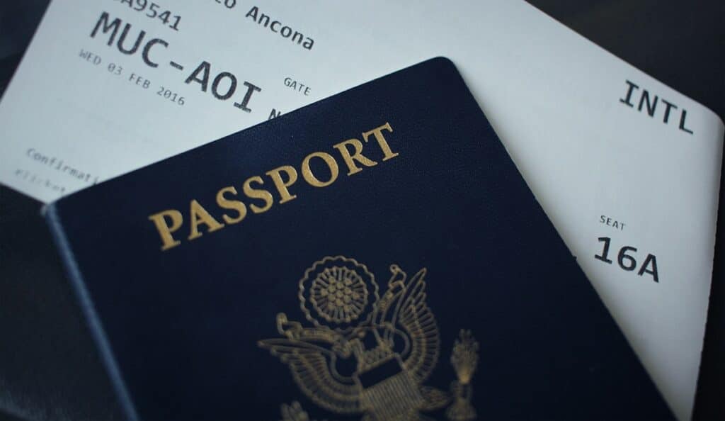 Close-up of a passport with an inserted boarding pass