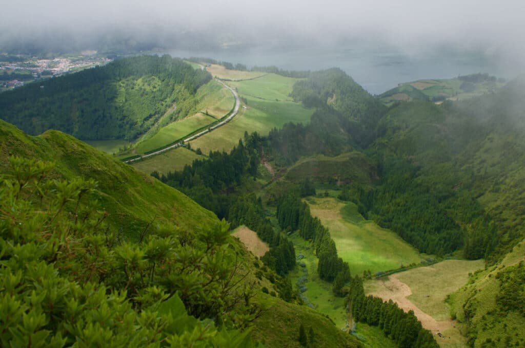 Lush green valley surrounded by rolling hills and dense forest.