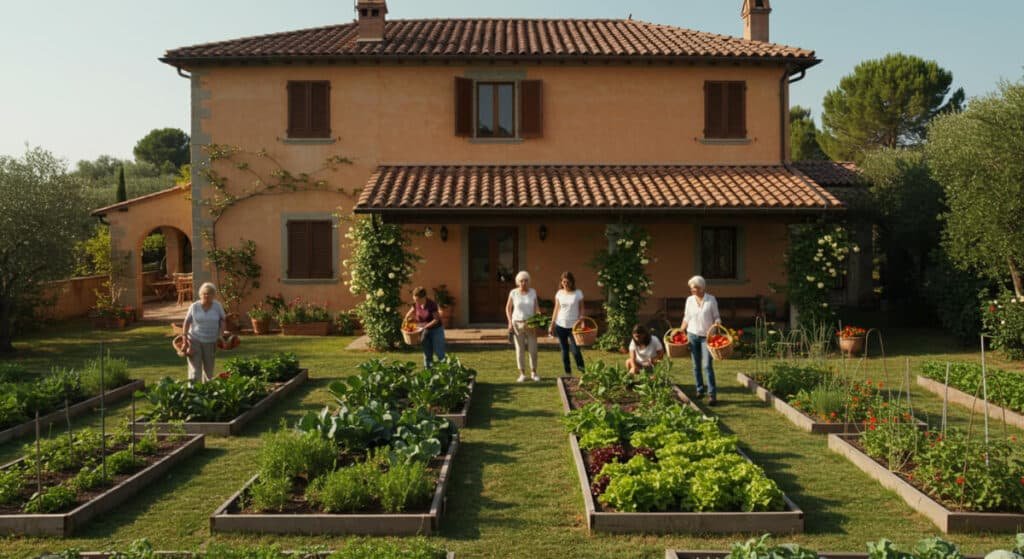 Family harvesting vegetables from villa's organic garden.