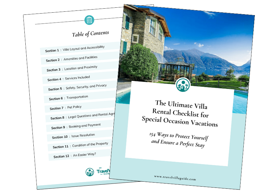 Cover page and table of contents of The Ultimate Villa Rental Checklist for Special Occasion Vacations eBook