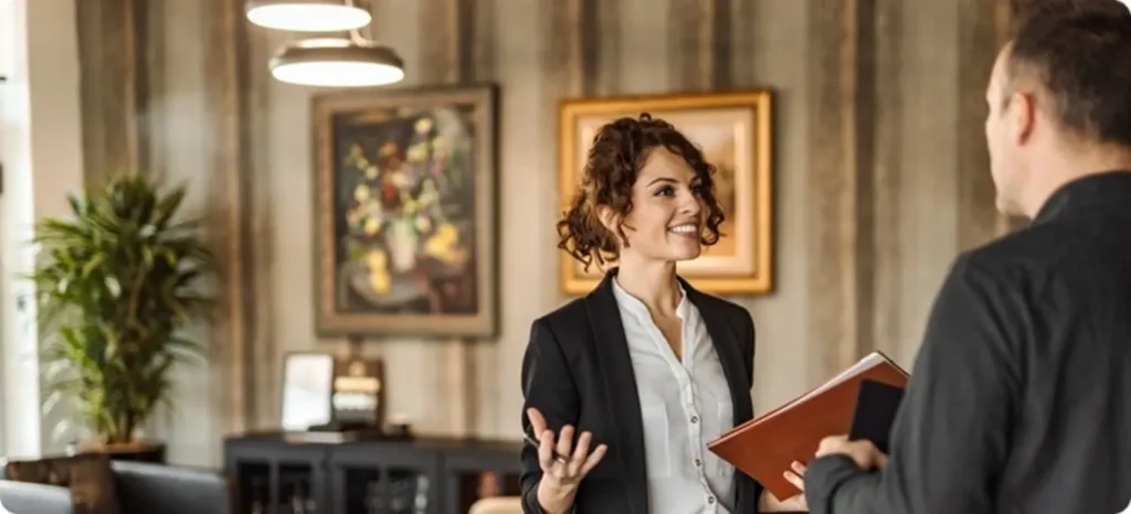 Villa dedicated concierge holding a folder and talking with a client providing expert guidance during a special occasion vacation