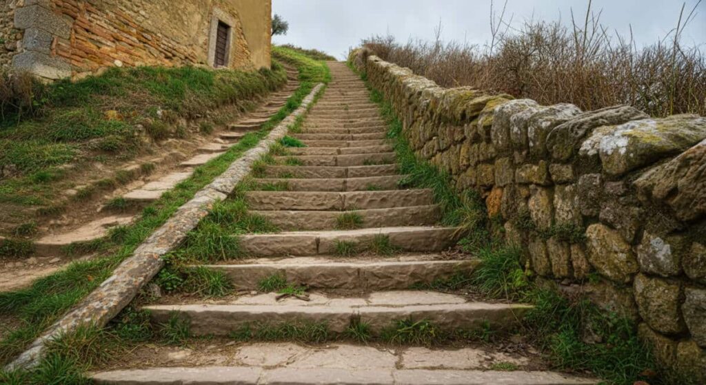 Steep ancient stone stairs, old, cracked and uneven, without a handrail, leading up to a tuscan villa.