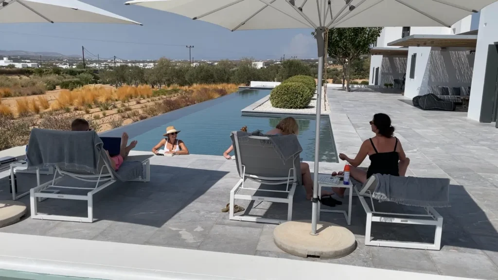 Family around pool