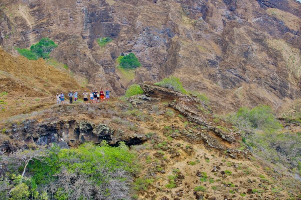 Group of friends on a friends' trip pause on a hiking trail to take photos of the pacific ocean.