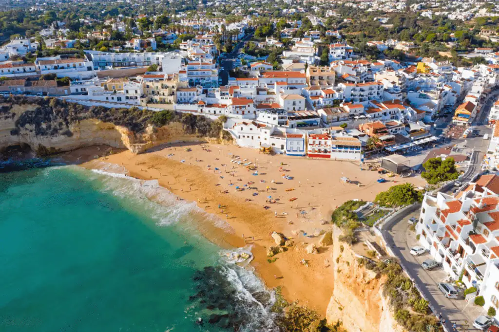 Aerial view of Carvoeiro village on the Algarve coastline, Portugal