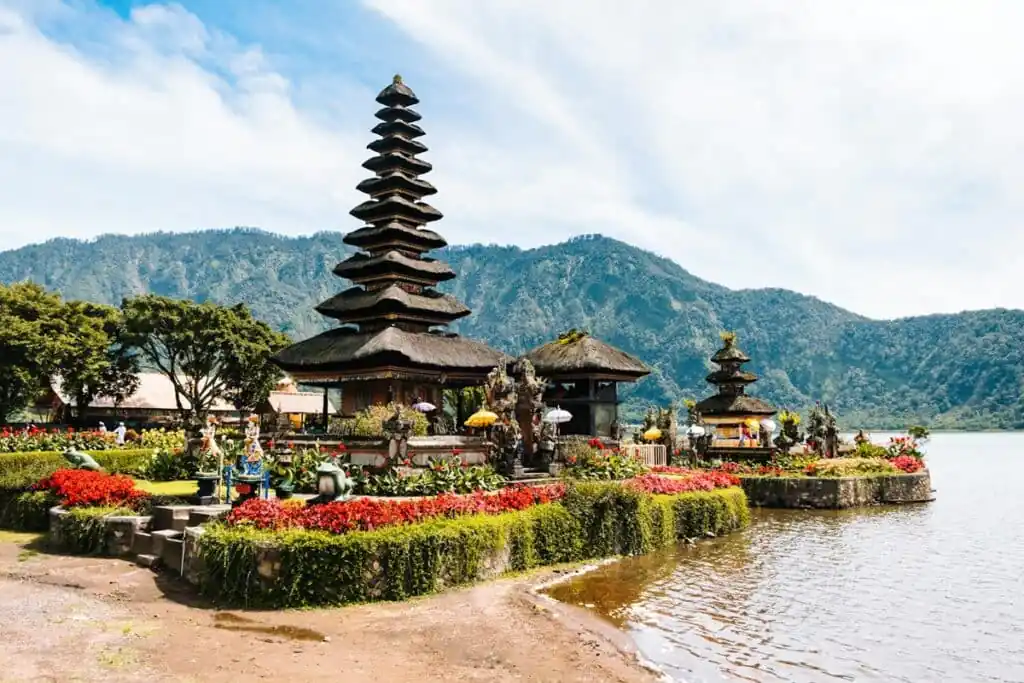 Pura Ulun Danu Beratan temple on the shores of a lake in Bali, Indonesia