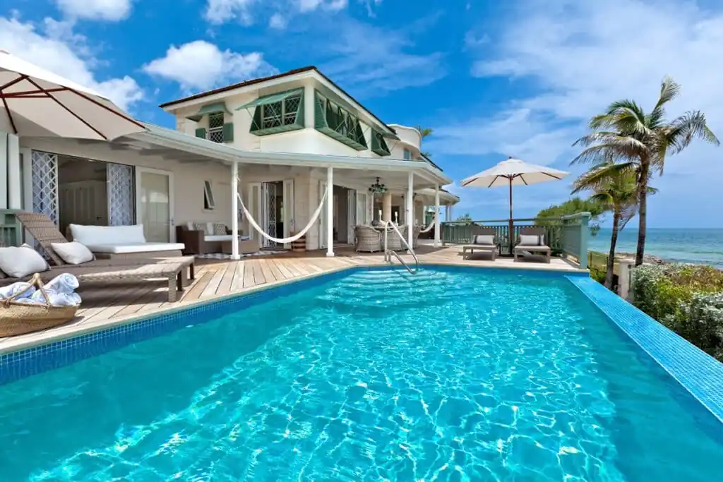 Infinity pool with sun loungers at the southpoint surf villa, overlooking the atlantic ocean