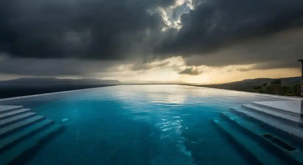 Infinity pool at a luxury villa under dark storm clouds, foreshadowing villa rental horror stories.