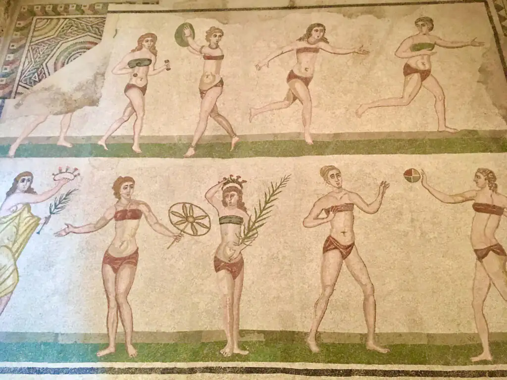 The famous “Bikini Girls” mosaic at Villa Romana del Casale in Piazza Armerina—a popular stop on our family heritage trips in Sicily.