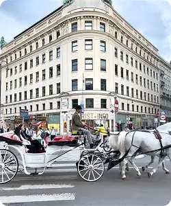 Horse-drawn carriage passing a historic building in vienna—a cultural experience during a multi-generational trip.