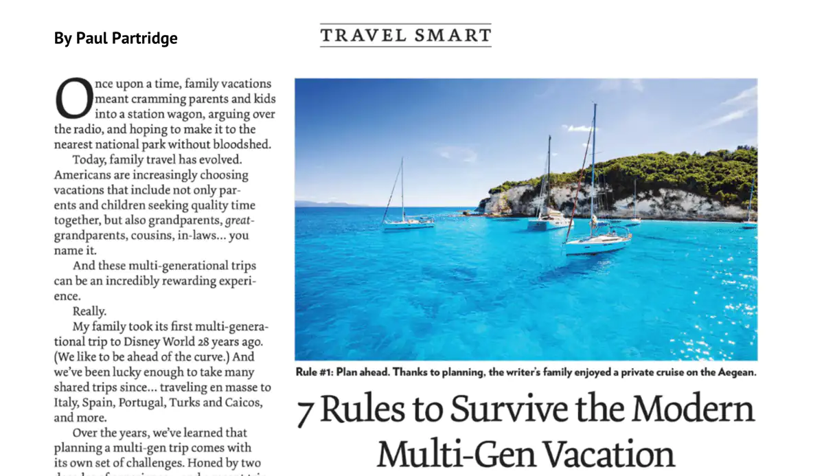 Screenshot of article from International Living magazine titled “7 Rules to Survive the Modern Multi-Gen Vacation” by Paul Partridge.