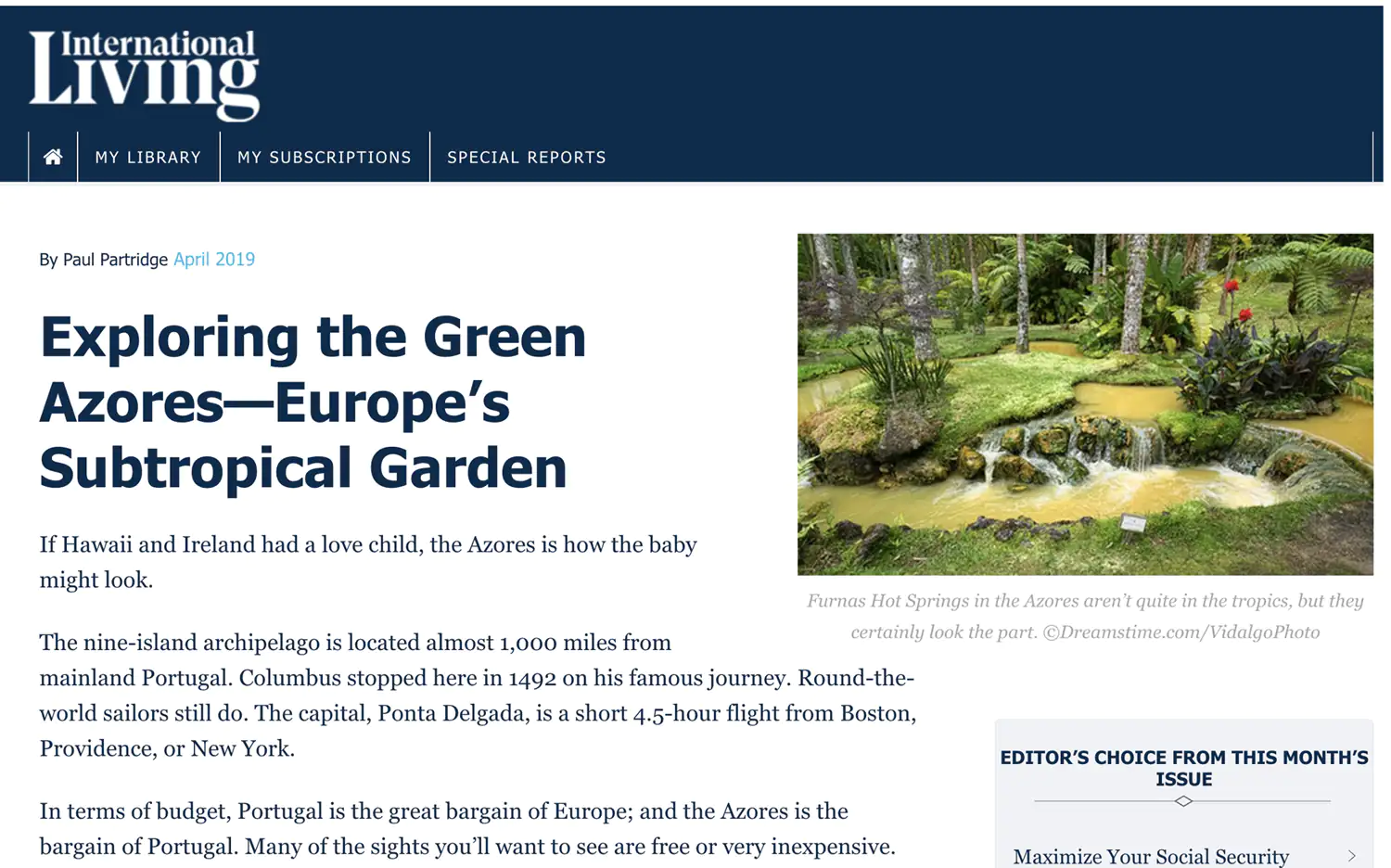 Screenshot of article from International Living magazine titled “Exploring the Green Azores – Europe’s Subtropical Garden,” by Paul Partridge.