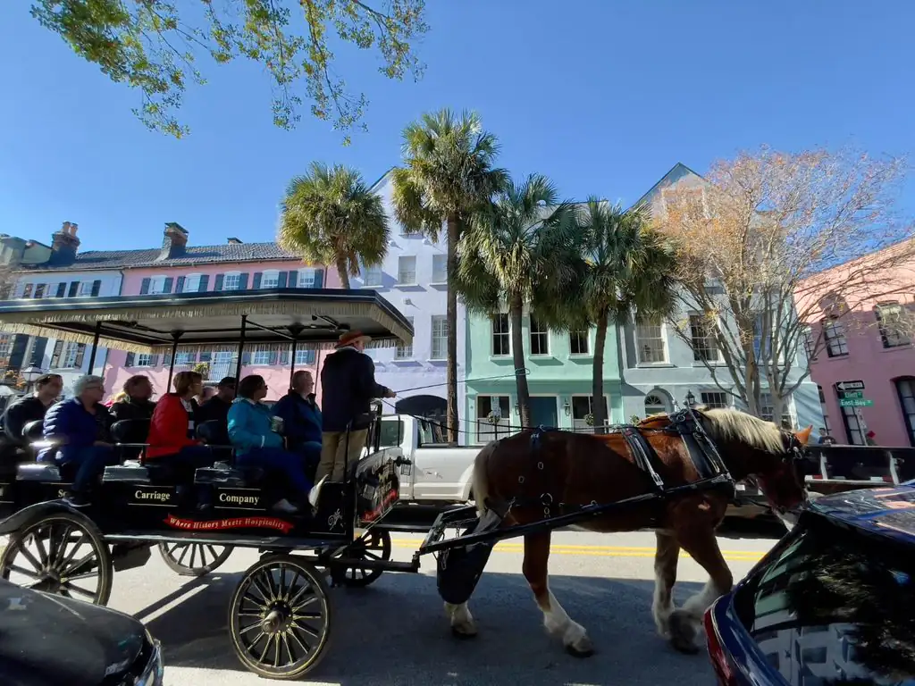 A multigenerational family rides in a horse-drawn carriage past colorful historic homes in charleston, south carolina.